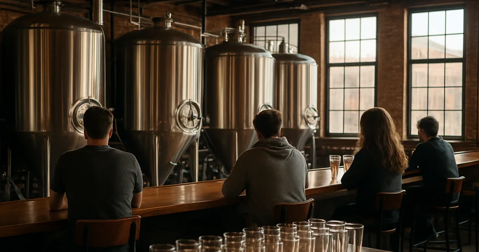 A spacious craft brewery taproom with brewing tanks and patrons.