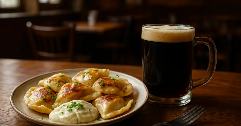 Pierogi and dark ale served on a wooden table in a welcoming brewpub.