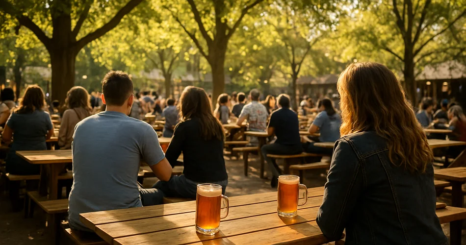 A lively beer garden with communal tables and pints of beer.